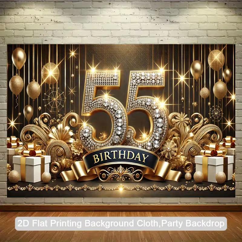 2D 55th Birthday Backdrop, Elegant Black Gold Diamond Party Wall Decor Banner 47.2x31.5inch/120*80cm