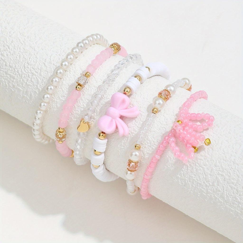 [Niedliches Perlenarmband] 6 Stück Niedlich Sexy Glasperle Imitationsperle Fimo Handgefertigt Positionierungsperlen Stapelarmband Set | Rosa Serie