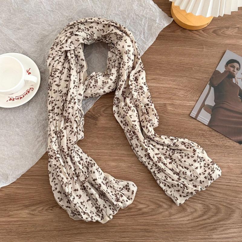 Cotton and linen scarf atmosphere new fashion retro floral pleated scarf scarf neck shawl