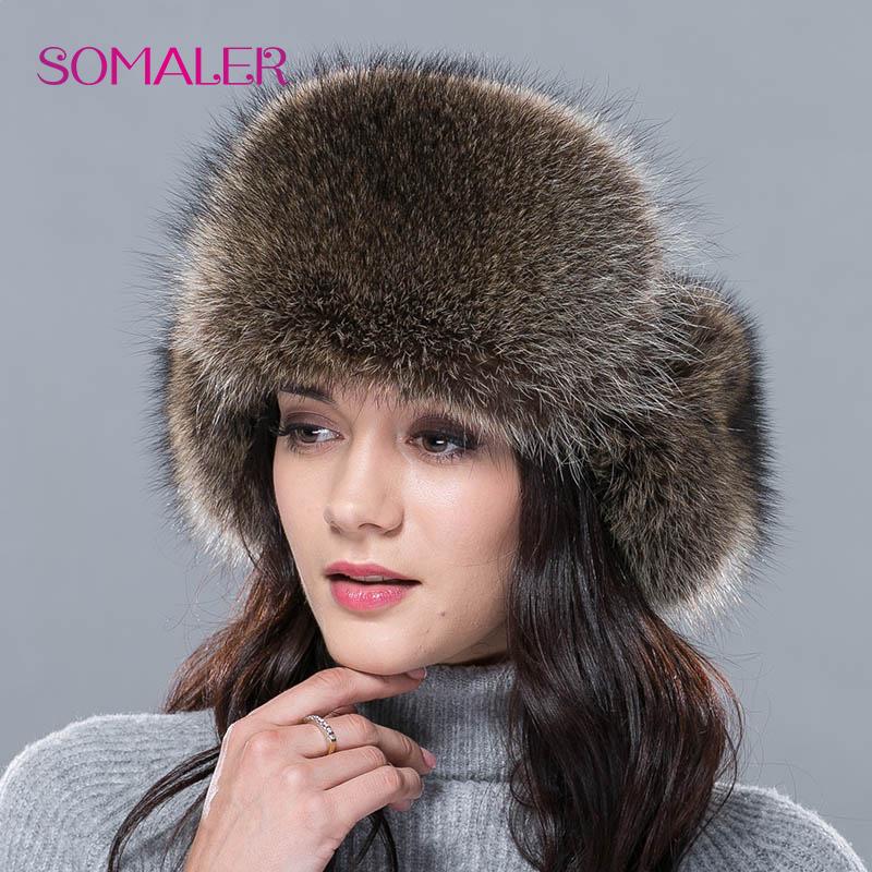SOMALER Nouveau chapeau d'hiver en fourrure chaude pour femmes, véritable fourrure de renard/raton laveur, Ushanka avec casquette bombardier en cuir