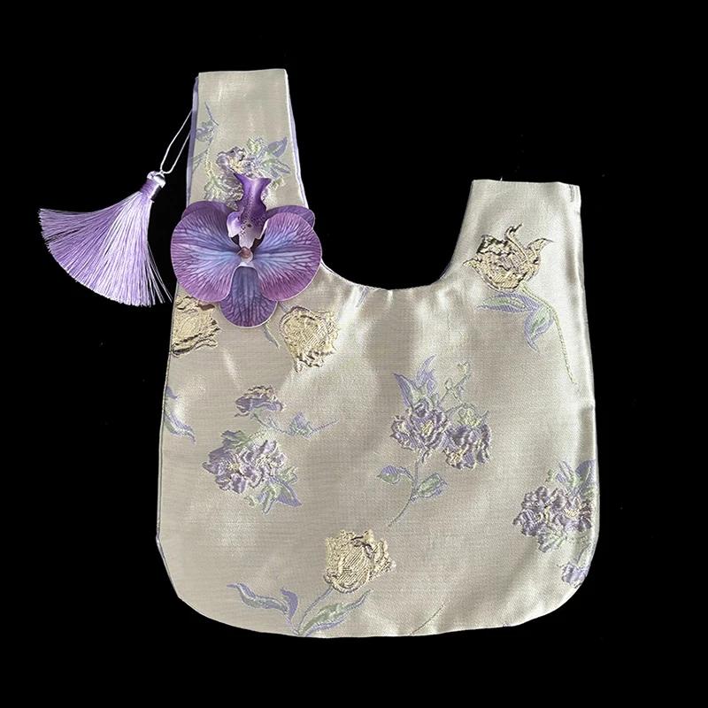 Orchid Tassel Faux Silk Jacquard Fabric Handbag New Chinese Retro Style Small Bag