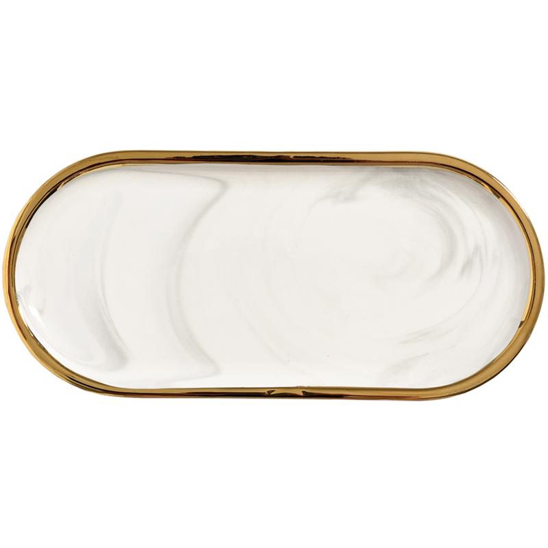 Creative Gilt Border Marble Ceramic Oval Tray Western Dinner Plate Dessert Plate Home Jewelry Storage Tray Interior Decoration