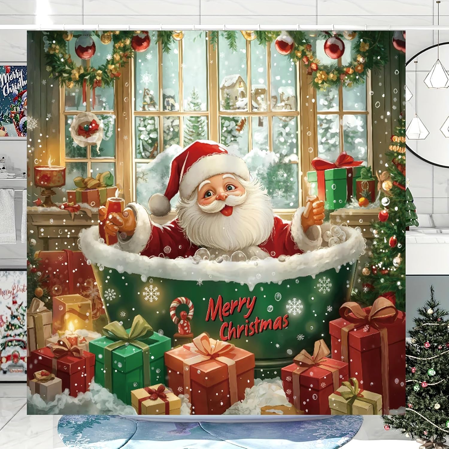 Christmas Shower Curtain,Winter Christmas Shower Curtains for Bathroom,Cute Funny Shower Curtain,Waterproof Polyester Insulated 90x180CM