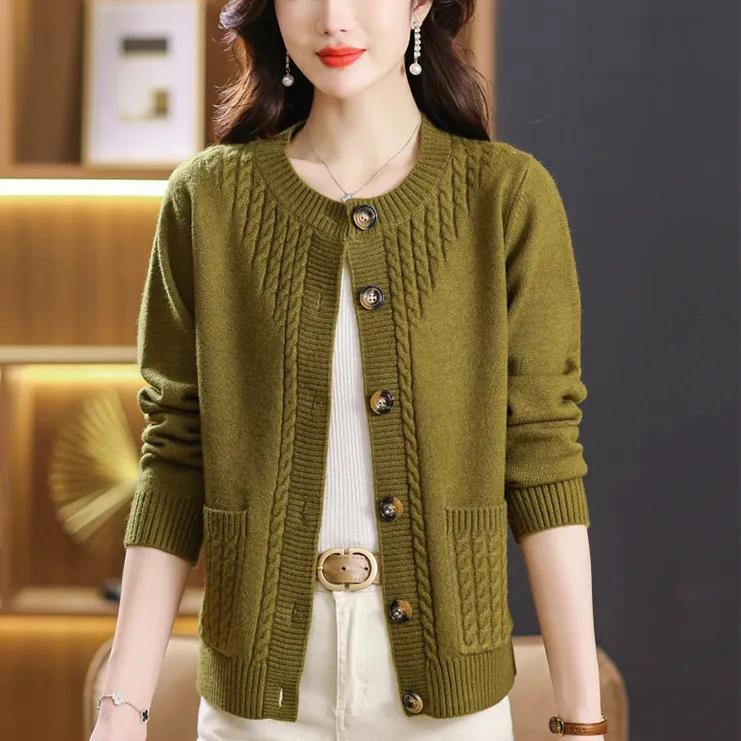 Women's Loose-fitting Round Neck Cardigan Sweater, Plain Color, Soft Knit Jacket