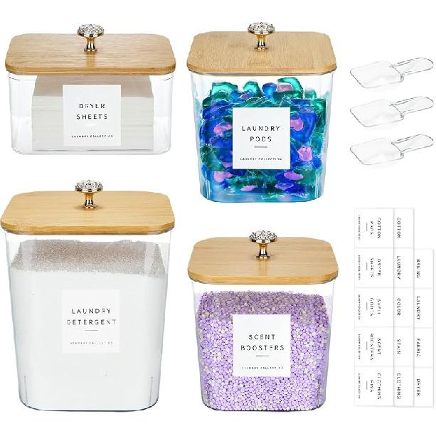 3 Pack Laundry Room Organization Storage Containers Acrylic Laundry Pod Containers and Dryer Sheet Holder with Lids and Labels for Laundry Detergent
