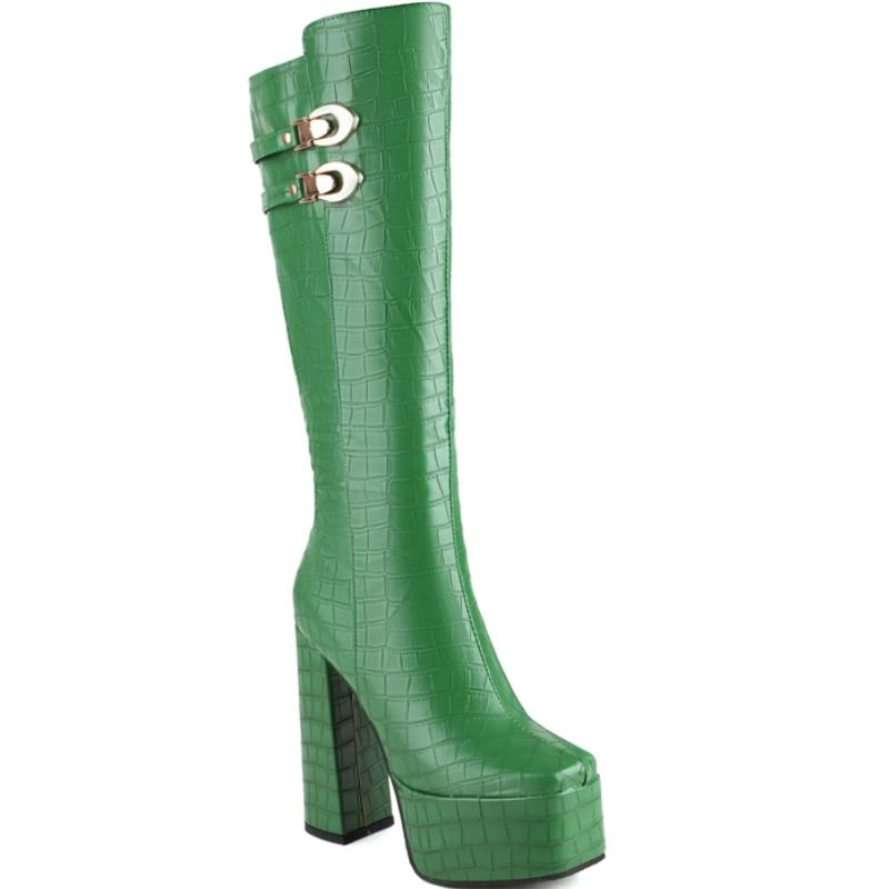 Black Knee High Boots For Women Platform Winter Shoes Green Heels Sexy Long Shoes Zipper Party Boots Lady Large Size