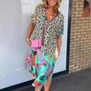 Luipaardprint Patchwork Jurken Dames V-hals Korte Mouwen Zak Losse Split Midi Jurk