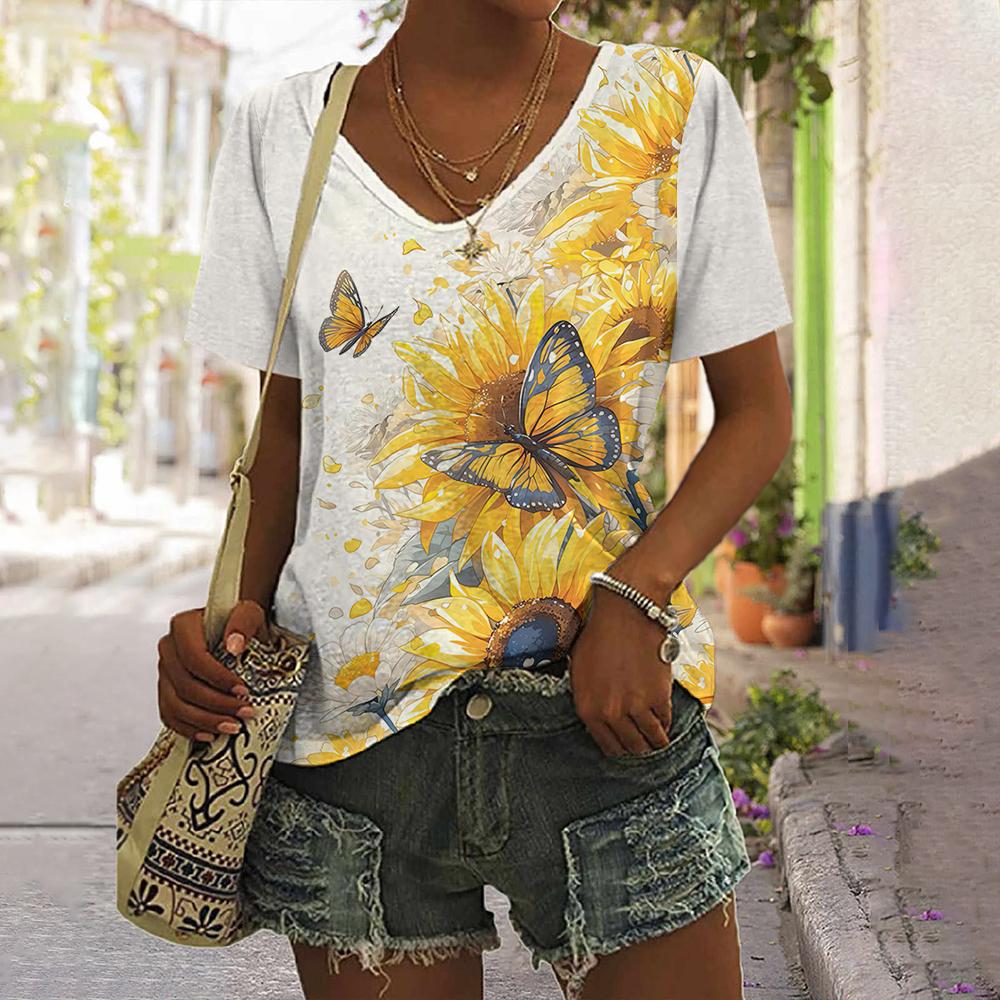 Daily Fashion V-neck Short Sleeve Tops Sunflower Patterns Printed Plus Size Loose Women's Clothing Outdoor T-Shirt