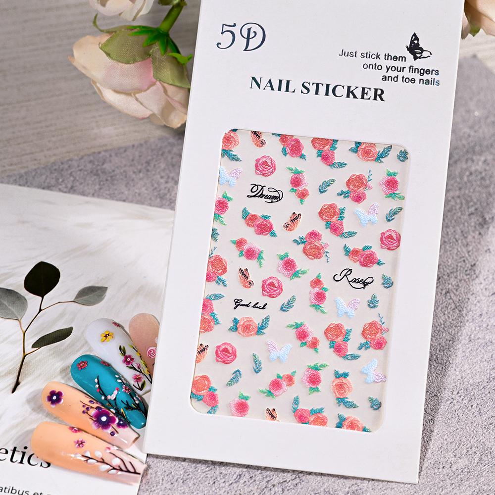1sheet 5D Embossed Butterfly Nail Art Stickers Purple Butterflies/Floral Nail Art Decals Self-Adhesive Rose Flower Manicure Diy