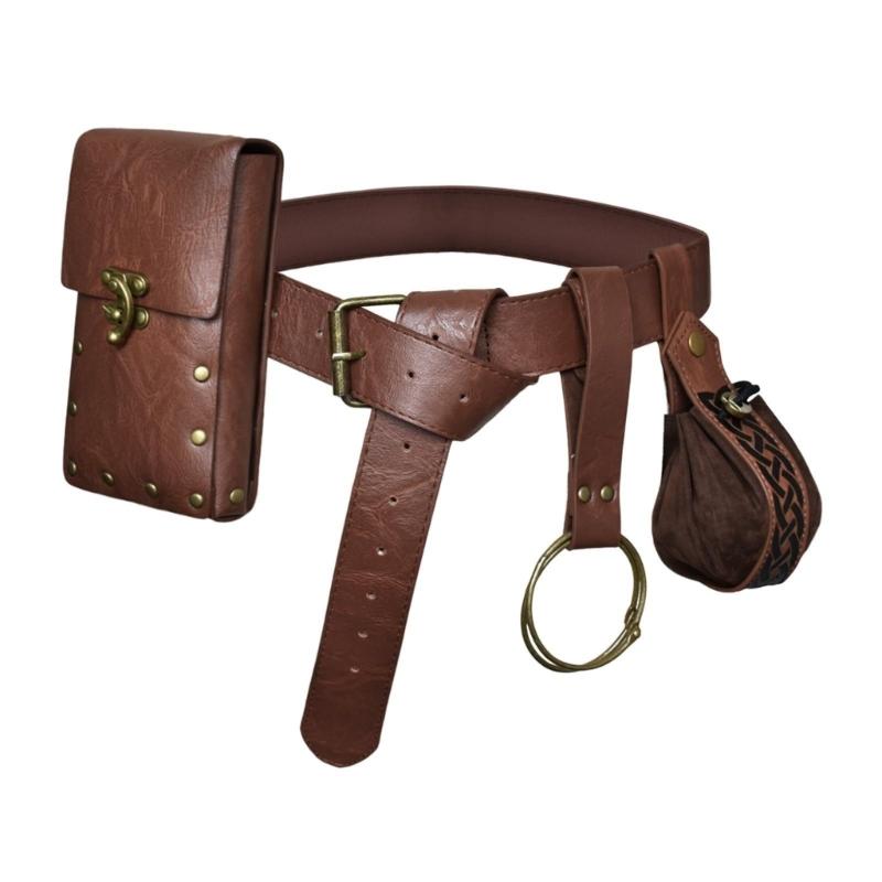 Men's Renaissance Costume Vikinges Costume Accessories Set Medieval Pirate Leather Belt Waist Bag Halloween Costumes