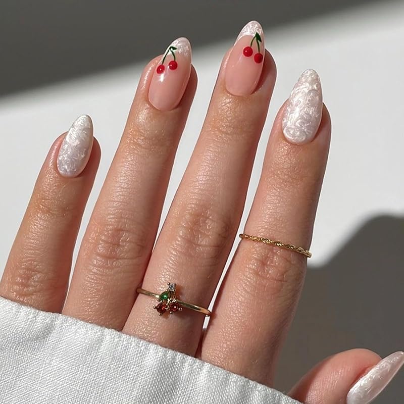 Almond Press on Nails French Fake Nails with Designs Leopard Stick on Nail Short False Nail Gold Acrylic Glossy Artificial Nail Full Cover Glue on Cherry French