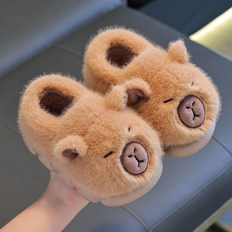 Cartoon Capybara Winter Kids Warm Back Strap Slippers Light Brown Dark Brown