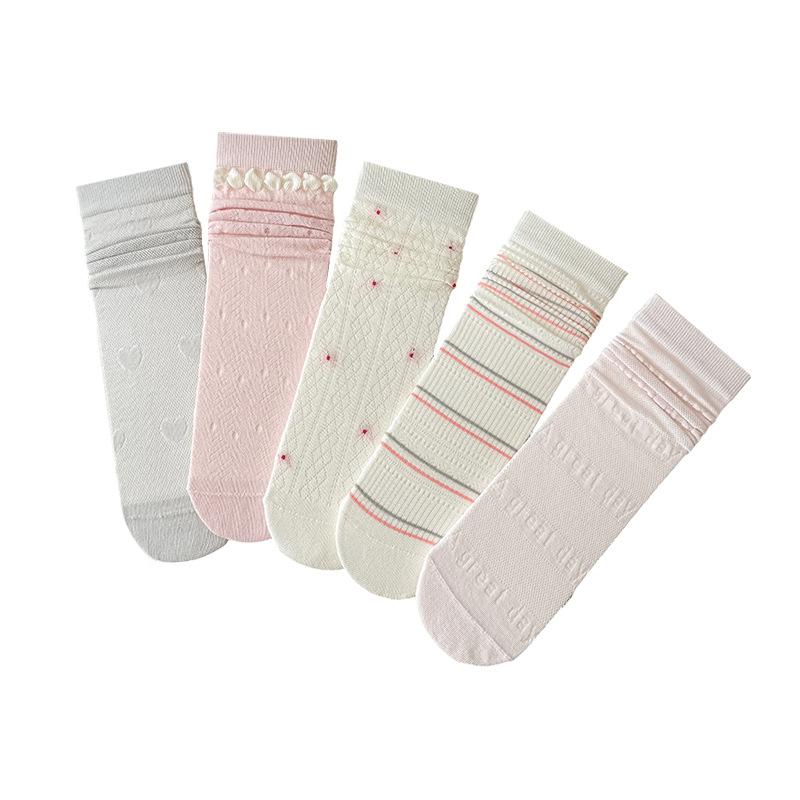 Spring and Summer Girls' Sweet Teen Floral Pink Mid-Calf Stockings with Mesh Openwork Edging and Layered Socks