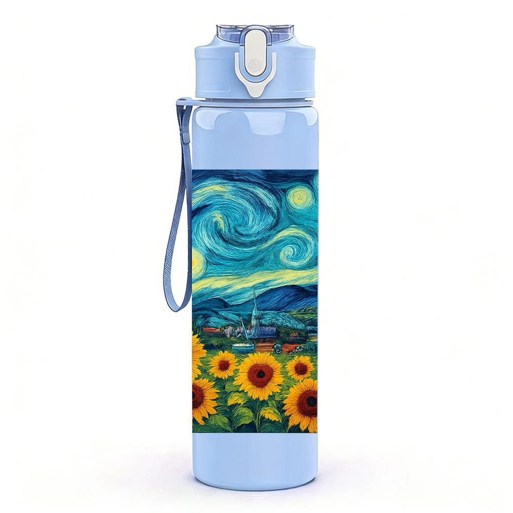1PC Sunflower Starry Night Art 750ml Color Plastic Sports Water Bottle Leakproof Flip Straw Lid For Sports Office Home Use