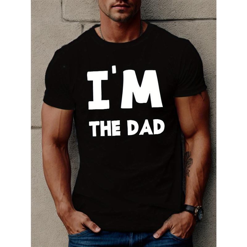 

European sizes 1pc Men S Casual Short Sleeve T-Shirt - I M THE DAD Geometric Pattern, Knit Fabric, Regular Fit, Summer Top for Adults S чёрный