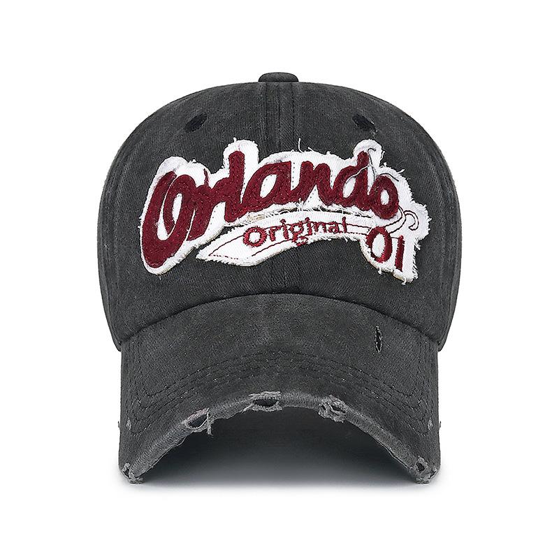 Fashionable Distressed English Embroidered Baseball Hat with Perforated Patch and Curved Brim