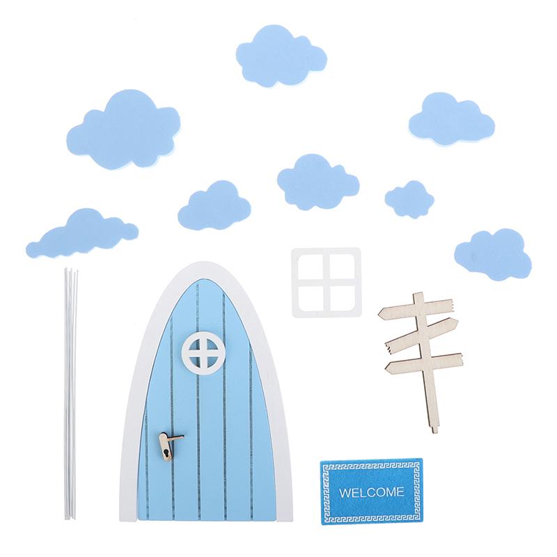 

1Комплект 1:12 Мини-дверь для кукольного домика, дверь в виде эльфа, облачное окно, дорожный знак, садовый декор синий