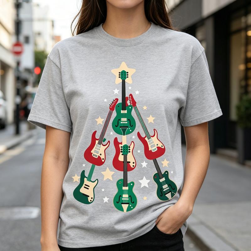 Guitar Christmas Tree Graphic Tee for Unisex Unisex Music Lover T Shirt Casual Holiday Top