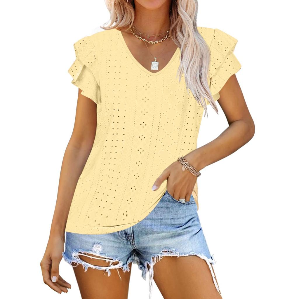 Women's V Neck T Shirt Summer Hollow Casual Ruffle Sleeve Tops Blouse