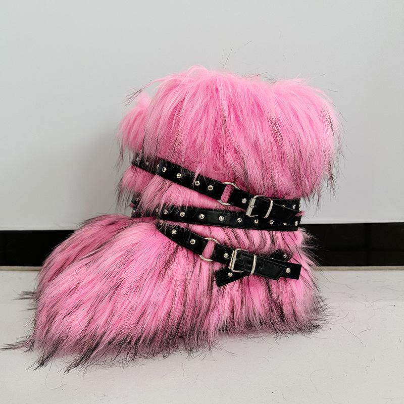 Damen Winterimitat Fuchsfell Stiefel Gürtel Punk Europäisch und Amerikanisch hoher Schaft 40 langer Schaft Schneestiefel Schuhe
