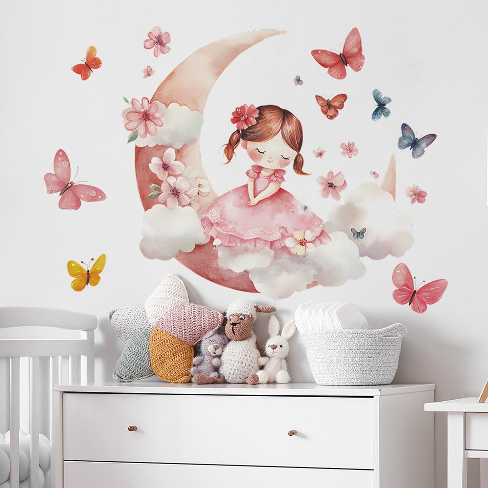 Cartoon Cute Little Girl Moon Butterfly Bedroom Living Room Entrance Hall Home Beautification Wall Stickers