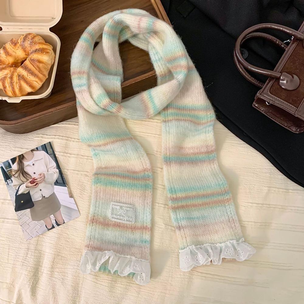 Lace Rainbow Striped Scarf Plush Winter Shawl Fashion Cashmere Knitted Scarf  Daily