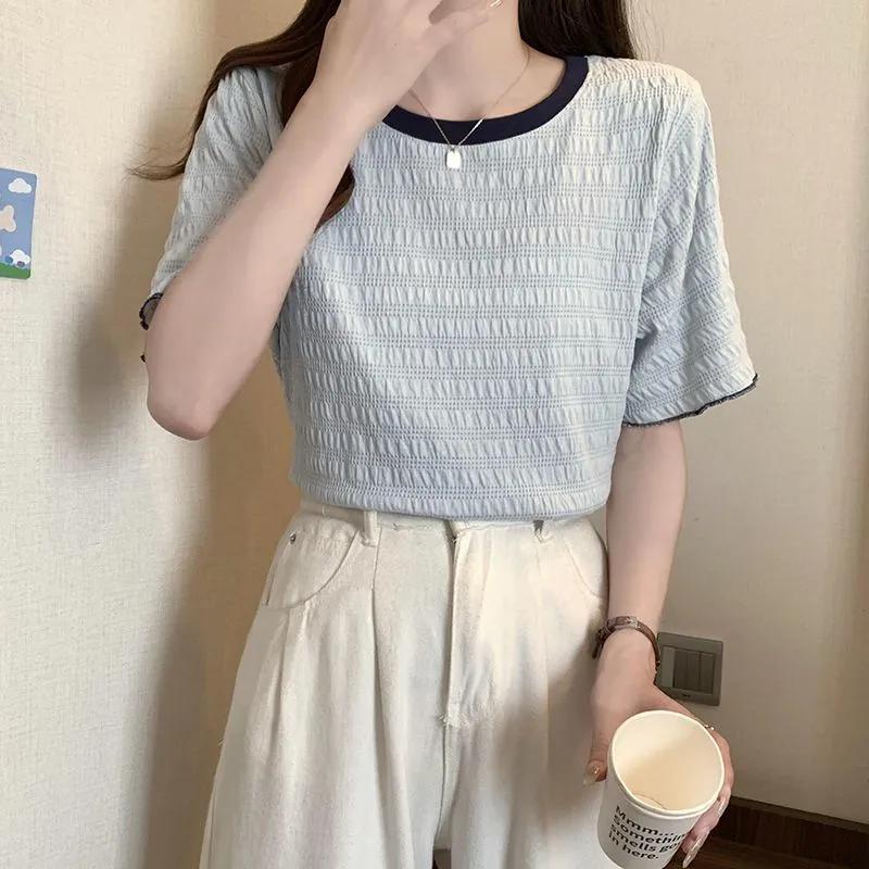 Women s Light Blue Textured Pleated Crew Neck Contrast Trim Loose Short Sleeve T-shirt L синий