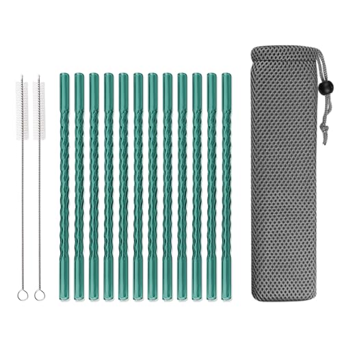 15 PCS Reusable Glass Straws, 8 Inch X 0.3" Thread Pattern Design Colored Drinking Straws, Include 12 Straight Straws, 2 Cleaning Brushes, 1 Bag