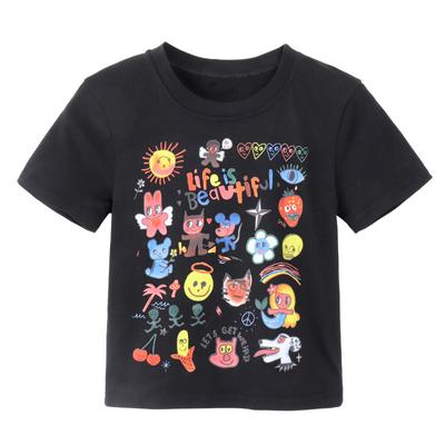 Schwarzes Kurzarm-T-Shirt für Damen Sommer Neu Retro Slim Fit Kurzes Bedrucktes Top