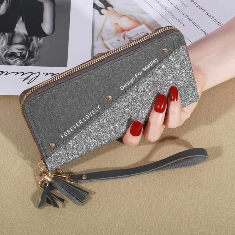 New Long Women's Zipper Wallet - Korean Splicing, Color Contrast, Tassel, and Rivet Details