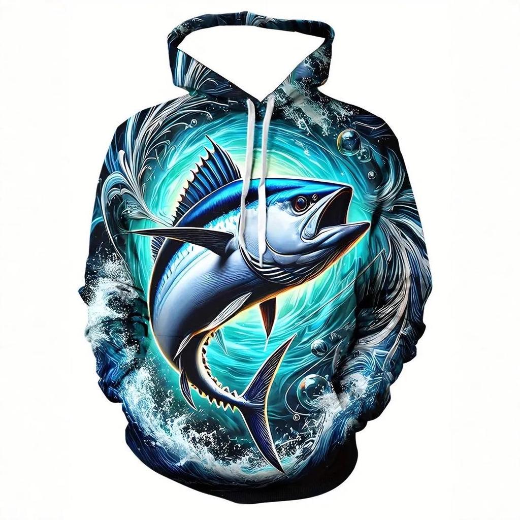 Men's Autumn Ocean Animals Fierce Fish Print Hoodie - New Arrival 2025