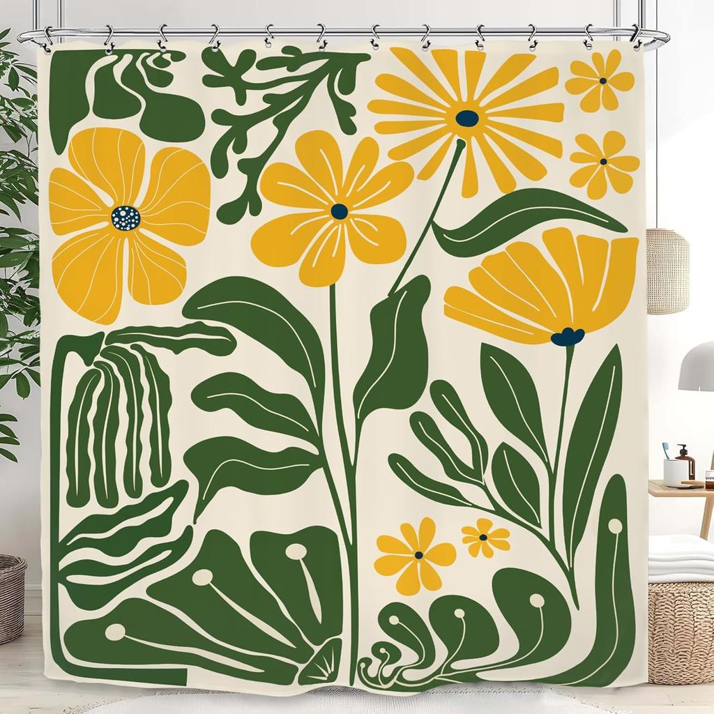 Yellow Flowers And Green Leaves Printed Shower Curtain 180X180Cm Tropical Garden Style Bath Curtains