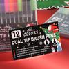 Christmas Edition Double-Ended Watercolor Marker Pen Set, Black Barrel, 12 or 24 Washable Soft Tip Colored Pens