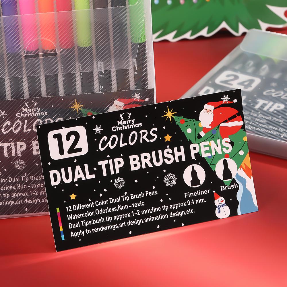 Christmas Edition Double-Ended Watercolor Marker Pen Set, Black Barrel, 12 or 24 Washable Soft Tip Colored Pens