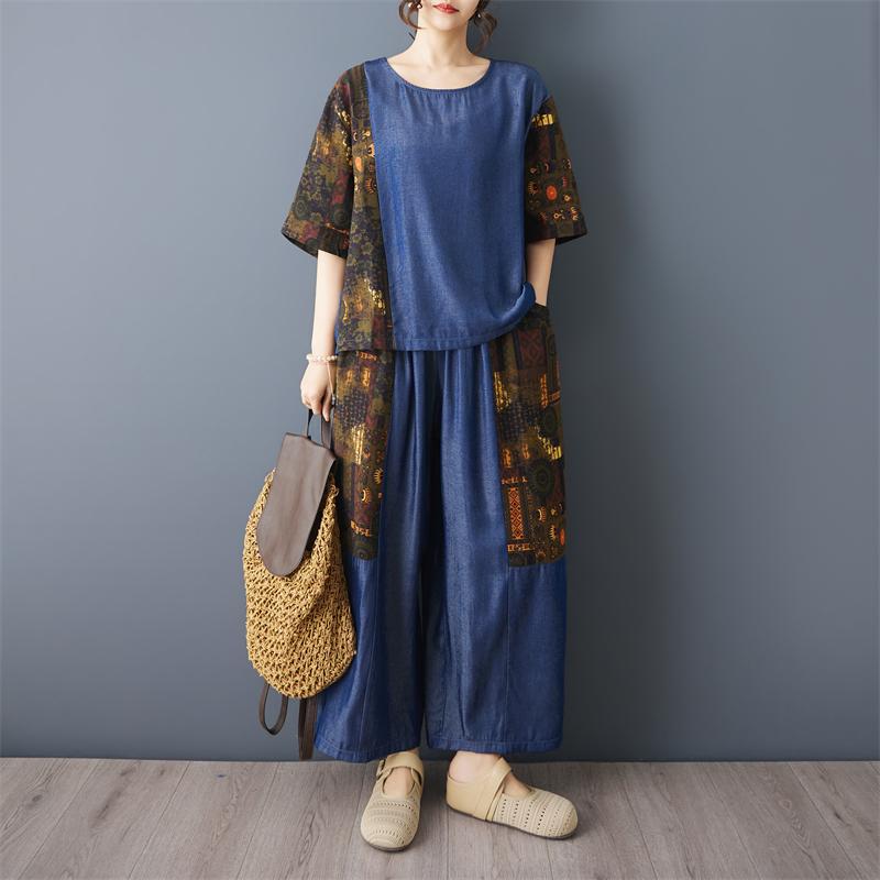DIMANAF 2026 Plus Size Pants Suits Women Sets Suits Vintage Loose Tops Shirts Long Pants Cotton Casual Clothing Summer