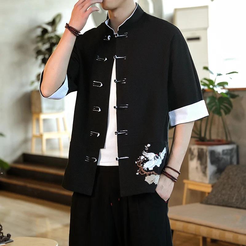 Top cu broderie cu macara de vară Cămăși tradiționale bărbați lenjerie tradițională costum Tang casual cardigan bărbați stil chinezesc retro kung fu bluze bărbați