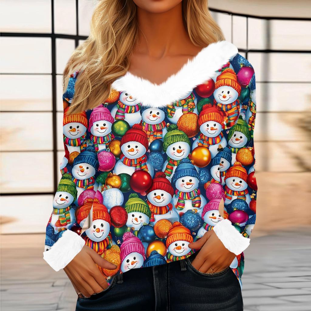 Women's Casual Long Sleeve Christmas Print Plush Collar Top for Winter Holiday Festive