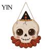 Outdoor Ghost Door Decorations Halloween Wooden Hanging Pendant with Lanyard, Retro Ghost/Pumpkin/Skull/Black Cat Black Wall Art for Front Porch Party