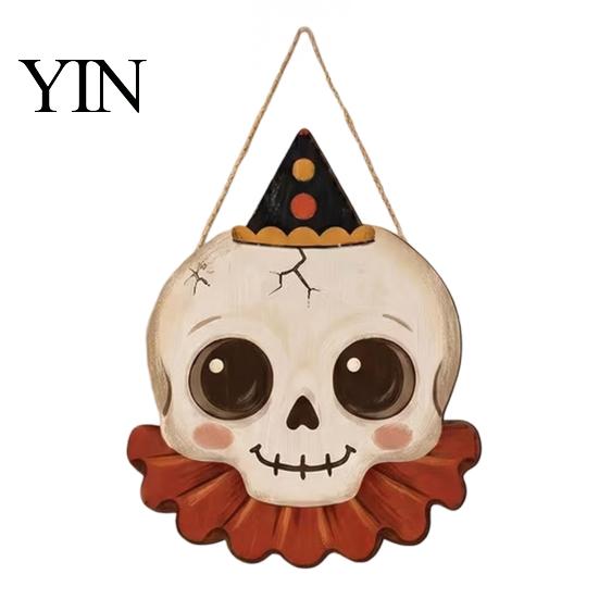 Outdoor Ghost Door Decorations Halloween Wooden Hanging Pendant with Lanyard, Retro Ghost/Pumpkin/Skull/Black Cat Black Wall Art for Front Porch Party