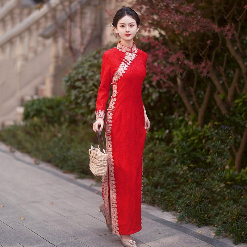 Long Sleeve Lace Cheongsam Dress Women Vintage Chinese Style Fashion Maxi Small