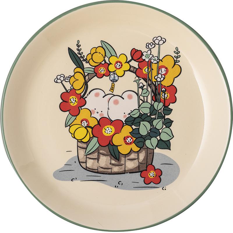 8.2 Inch Cartoon Rabbit Dinner Plate Ceramic Painting Serving Dishes Flower Bunny Dessert Tray Salad Plate Microwave Safe