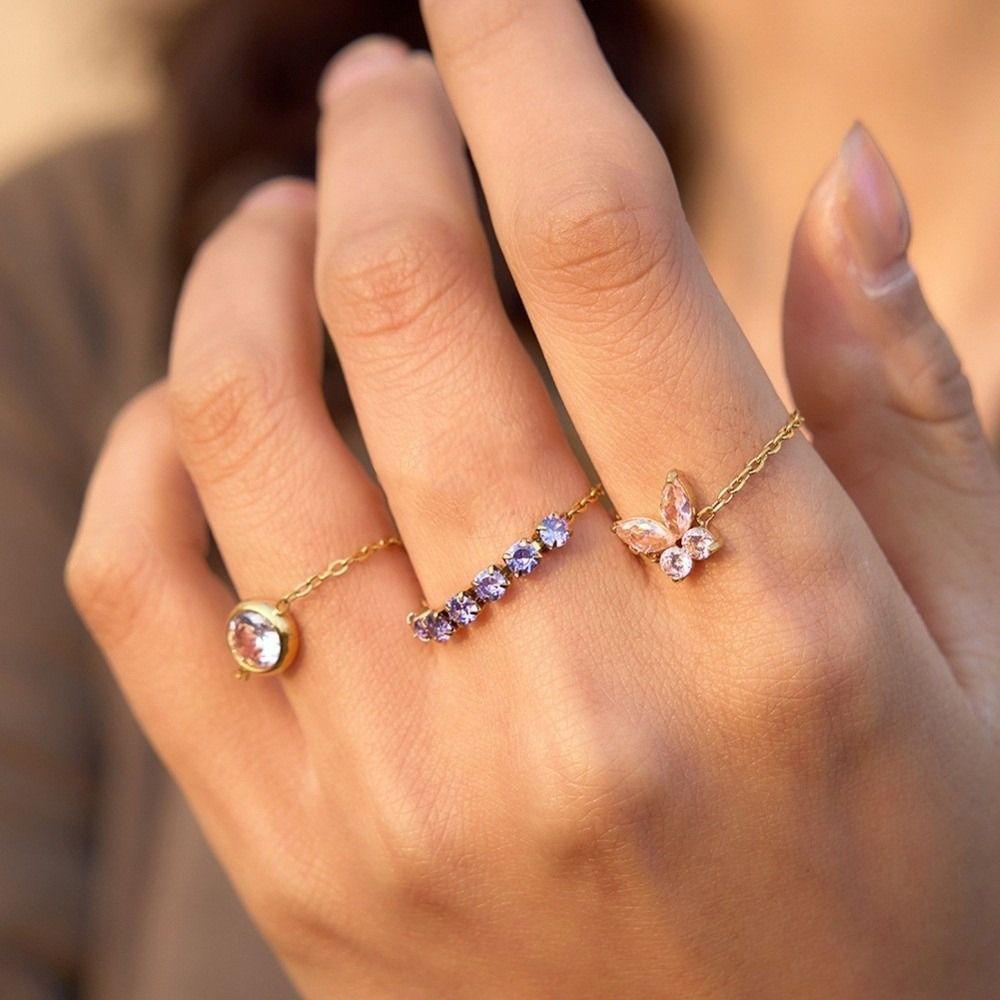 Elegant Zirconia Chain Rings Exquisite Stainless Steel Ring Anti-rust Finger Jewelry Birthday Gift