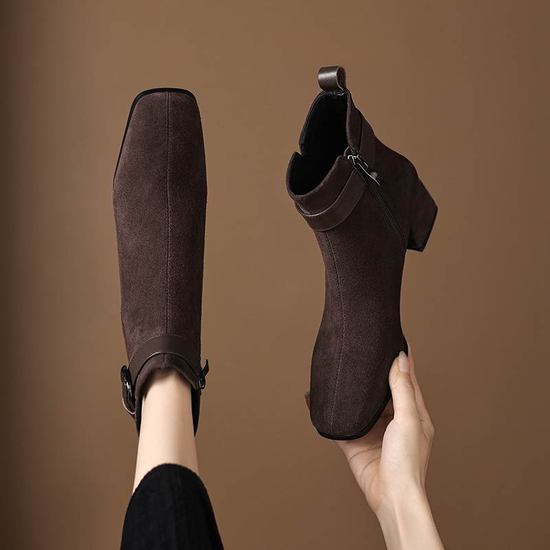 Krazing Pot Cow Suede Nubuck Square Toe Thick Heels Chelsea Boots Size 42 Zip Beauty Lady Women Ankle Boots