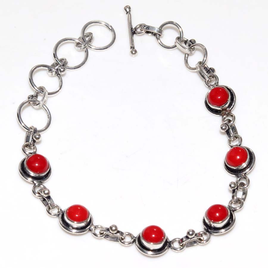 Pretty Red Coral 925 Silver Plated Bracelet 8.5" Christmas Gift Trendy E8U56