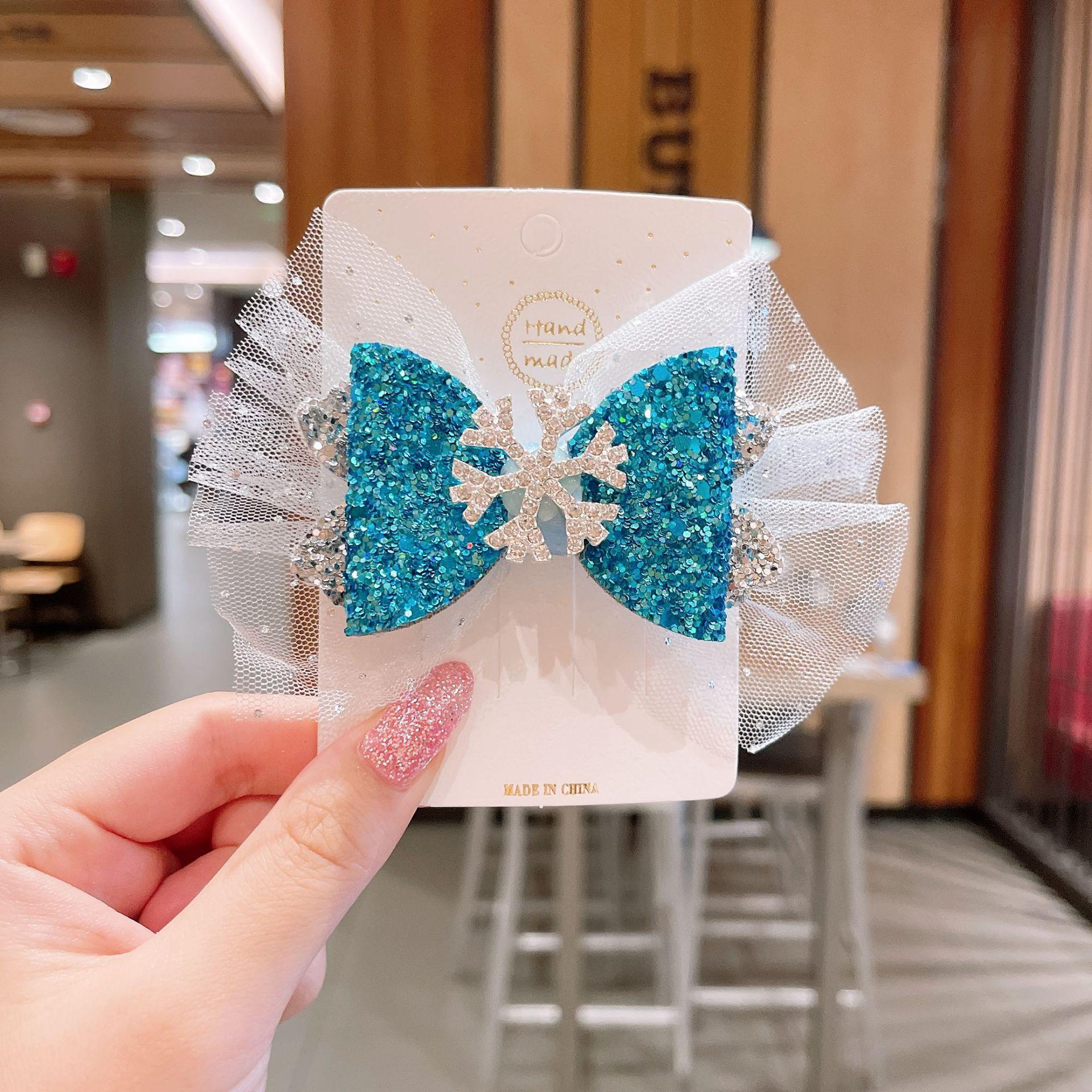 New Snow Princess Crown Hairpin Snowflake Bow Ribbon Hairpin Blue Crystal Girl Headdress Lace Embroidery Mesh Baby Hair Clips