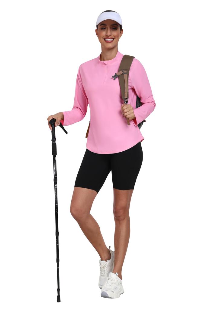 YIRUIYA Long Yoga with Thumb UV Fitness Running Women's Half-Zip T-Shirt, Sleeve, Top, Sportswear, Pilates, Holes, Stretch, Moisture-Wicking,
