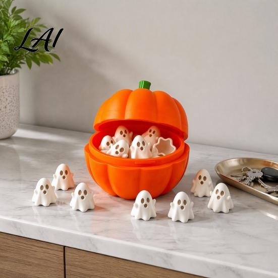 Pumpkin Storage Box Halloween with 20 Mini Ghosts for Candy & 3D Printed Treat Container Lid Trick or Treat Holiday Party Spooky Ghost Decorations