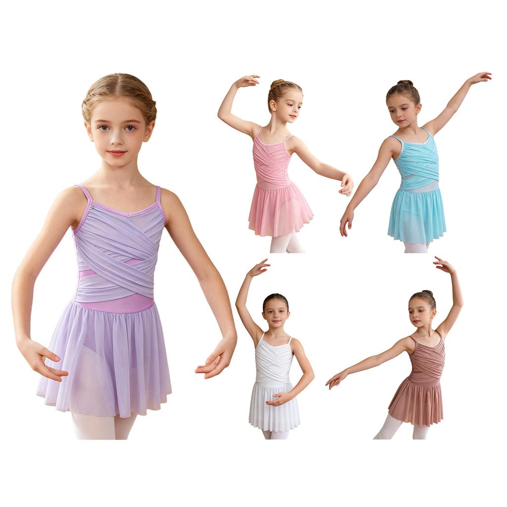Girls Ballet Mesh Dance Dress Spaghetti Straps Cutout Back Cross Ruched Front Built In Briefs