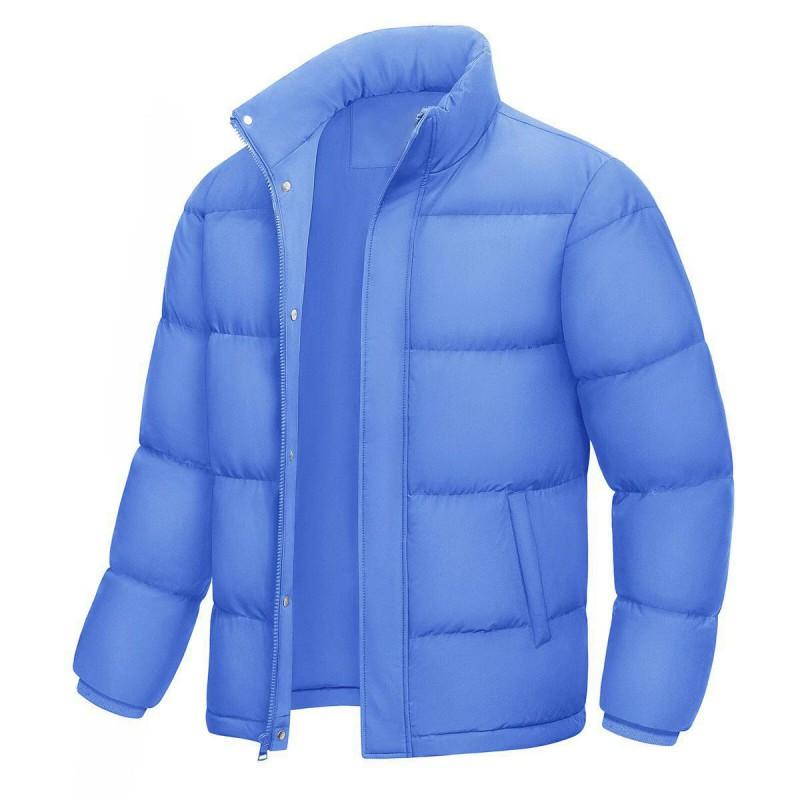 Mens Solid Thick Cotton Puffer Coat Winter Warm Casual Stand Collar Jacket