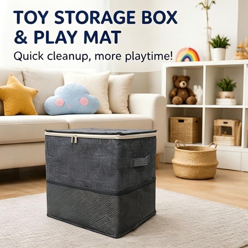Playroom Toy Storage Bin With Play Mat and Side Handles, Fabric Basket for Kids Daily Pickup Bedroom Storage and Indoor Use Each Day